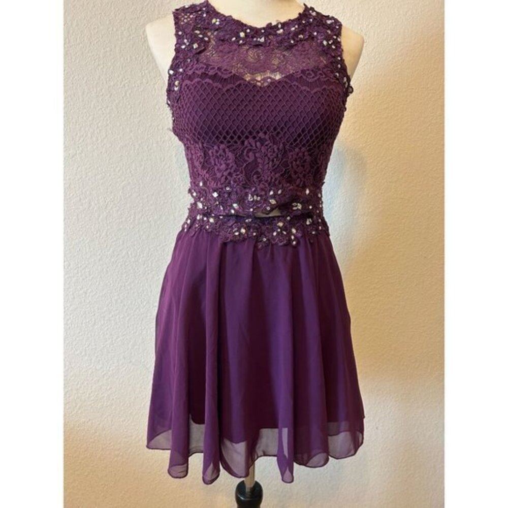 Women's Purple 2‎ PIece Rhinestone Lace  Dress Homecoming Party Size 7